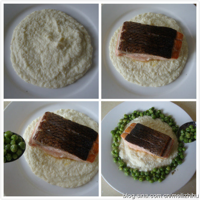 煎三文鱼配香草豌豆 ,装盘：菜花糊摊在盘子中间，摆上鱼块，在周围放上拌好的豌豆