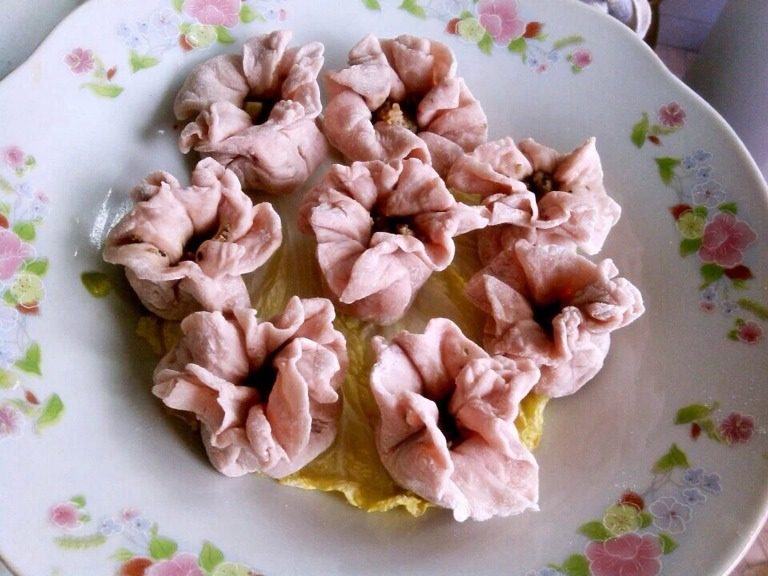 幻紫烧麦,如图将薄圆面片包上肉馅儿,形状也可随意发挥