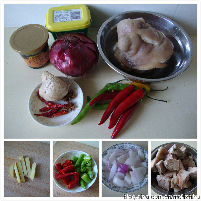 酱烧肘子肉,猪肘剔肉切块，<a style='color:red;display:inline-block;' href='/shicai/ 29'>洋葱</a>、<a style='color:red;display:inline-block;' href='/shicai/ 37'>姜</a>和辣椒改刀