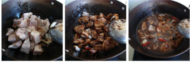 酱烧肘子肉,加热水、肘子肉、少量<a style='color:red;display:inline-block;' href='/shicai/ 10588'>糖</a>,开锅后去沫。盖盖焖烧10-15分钟入味