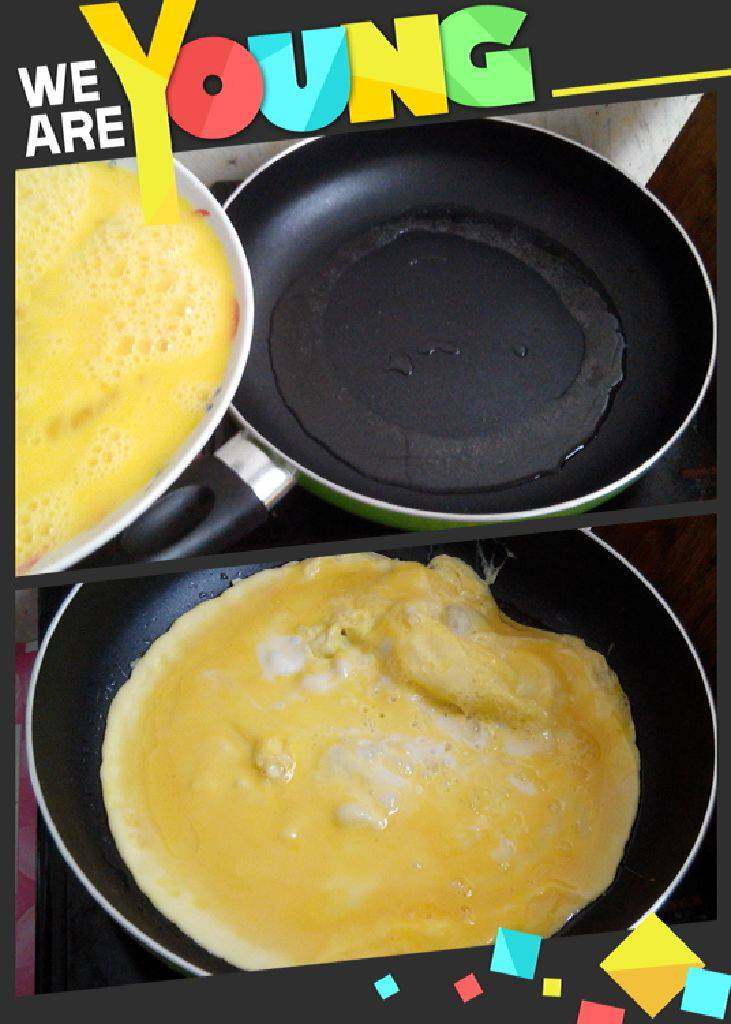 苦瓜丁炒蛋,平底锅倒油，倒入蛋液煎炒