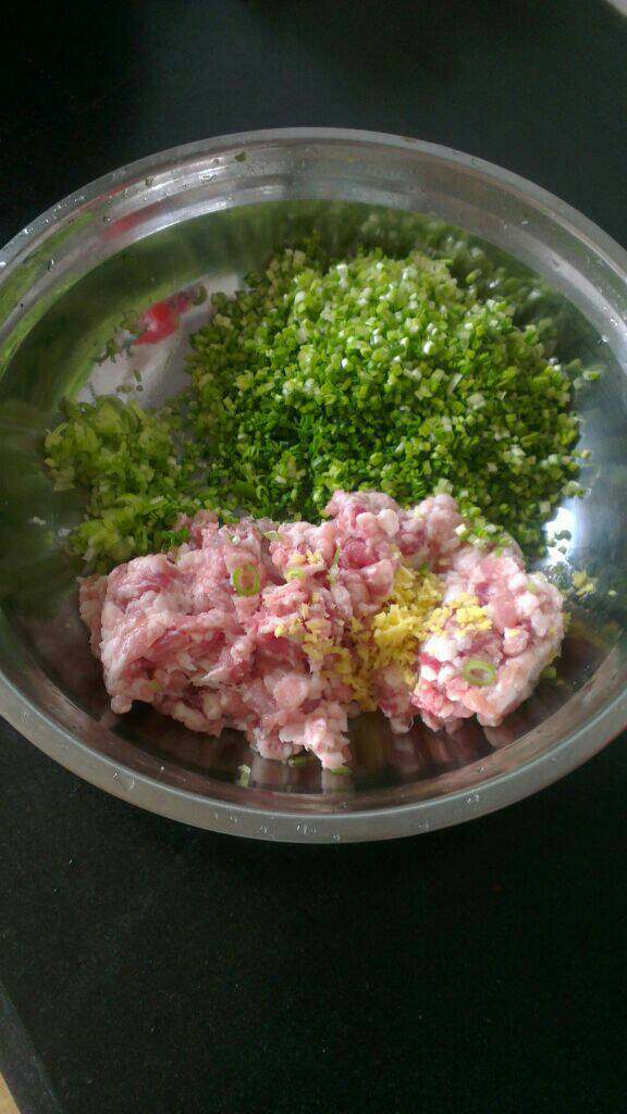 猪肉蒜苗饺子,蒜苗 葱 姜 切碎,和肉末一同放入容器中;