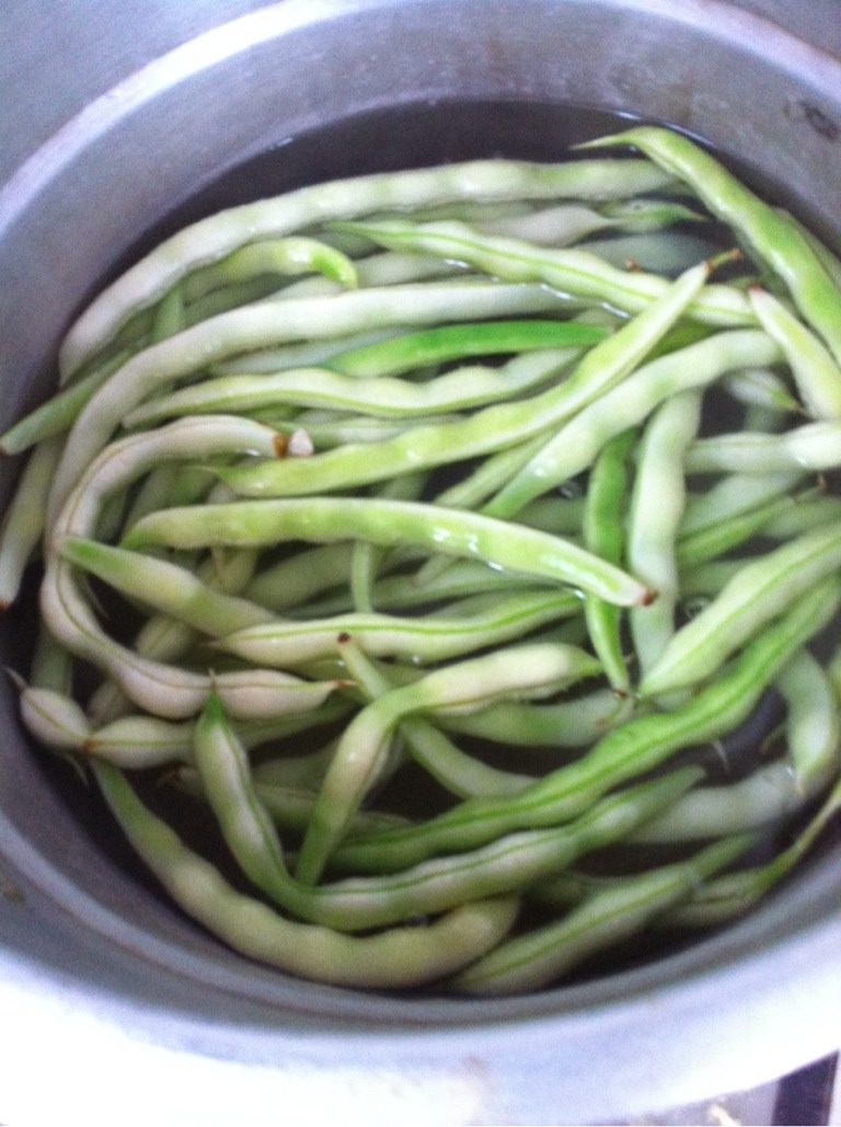 豆角和猪肉水姣,<a style='color:red;display:inline-block;' href='/shicai/ 3639'>豆角</a>摘好洗净放水里煮