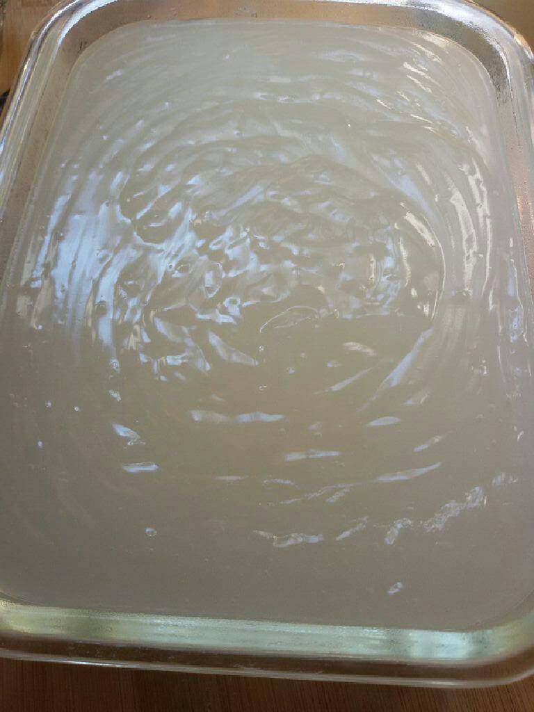 豌豆凉粉,将煮好糊倒入保鲜盒,冷却后放冰箱2小时。