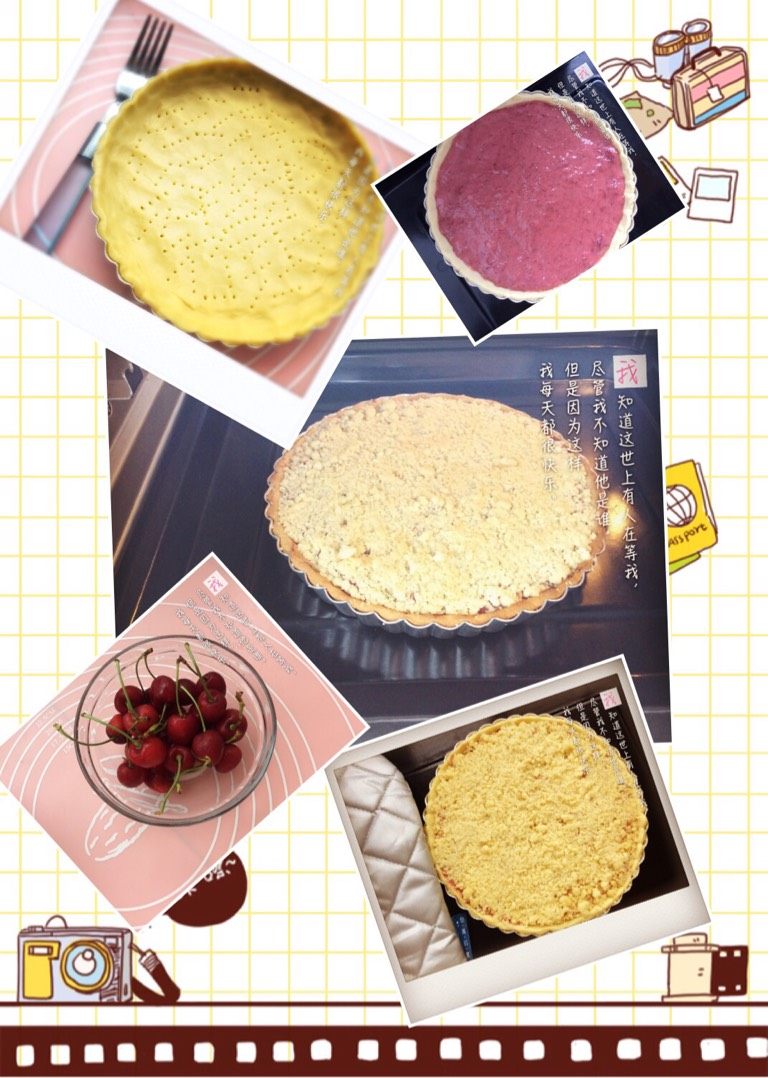 草莓樱桃派,如图5:表面可以挤奶油用樱桃装饰!我今天不吃所以凉后打保鲜膜冷冻冰箱了!