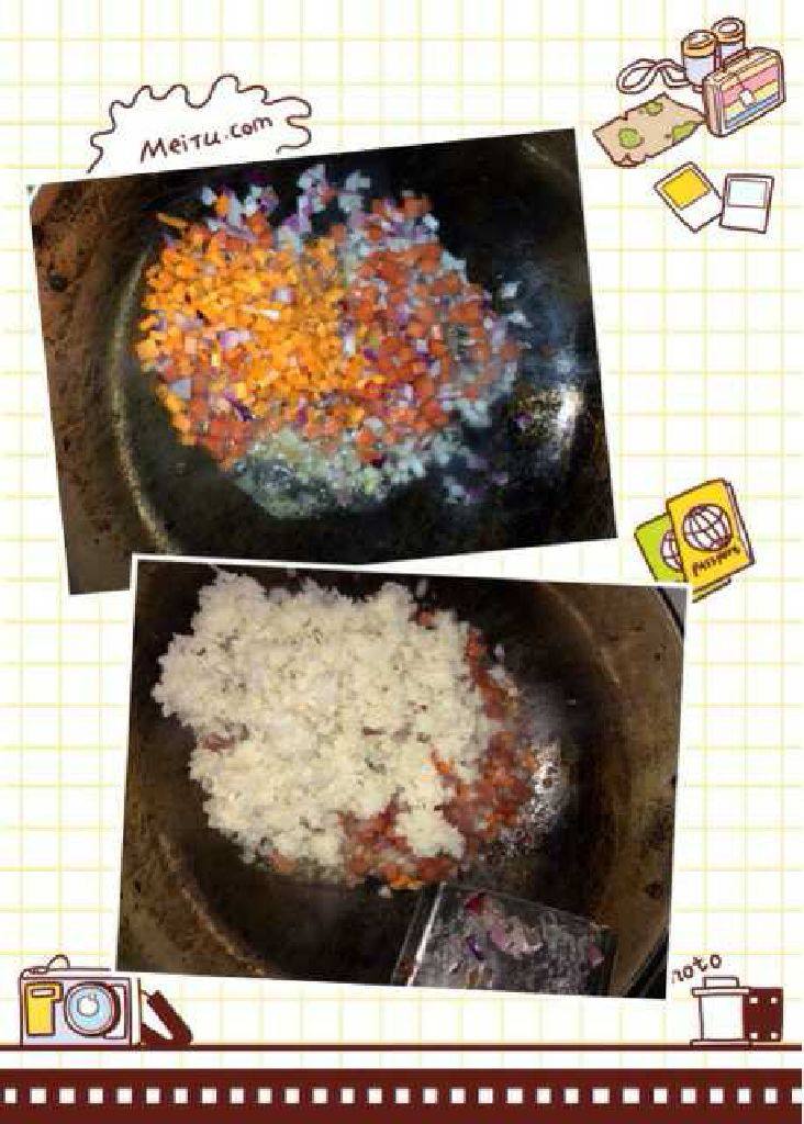 火腿菠萝炒饭,翻炒出香味，加入米饭翻炒均匀，
