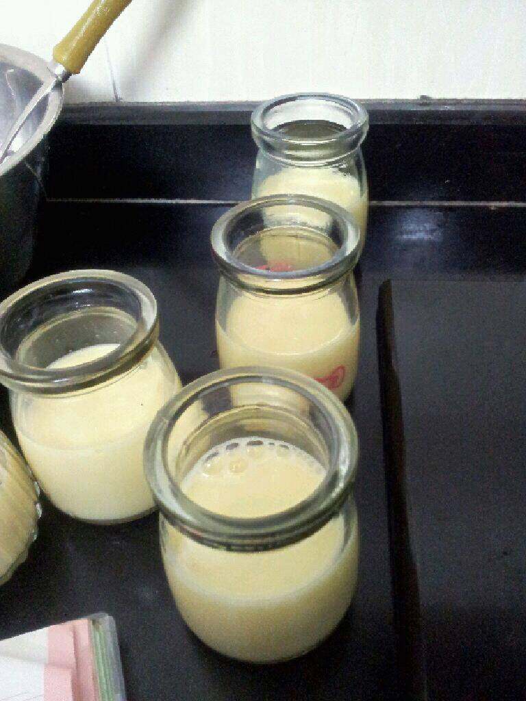 牛奶鸡蛋布丁,倒入耐热瓶子里，深烤盘加水，没过瓶子的3分之2，160度，中层，烤35分钟