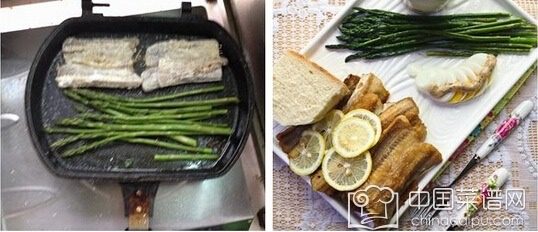 柠香鳗鱼,　　5、将芦笋也下锅煎熟。

