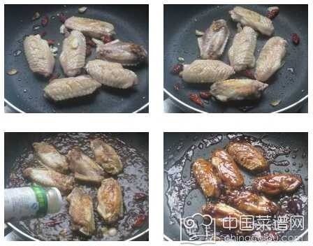 椒香鸡翅,　　5—8、放入蒜片和辣椒段翻炒，调入剩余的料酒、生抽、蚝油、白糖和胡椒粉炒匀，加入适量的清水没过鸡翅表面，用大火烧开后转中火焖煮约8分钟，至汤汁收干后即可出锅。