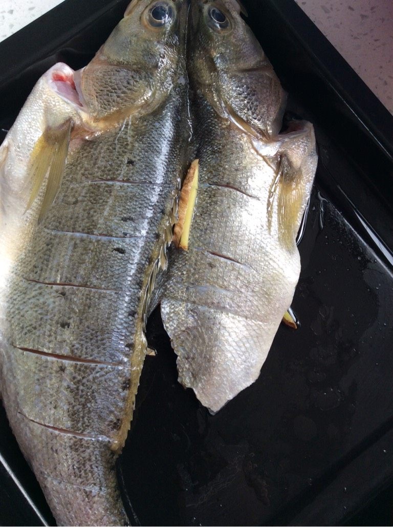 自制烤鱼,如图，鱼收拾干净对半切开不切断，用<a style='color:red;display:inline-block;' href='/shicai/ 37'>姜</a>片铺在烤盘下，油，<a style='color:red;display:inline-block;' href='/shicai/ 718'>料酒</a>抹鱼身上腌制十几分钟，烤箱200度预热