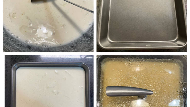 炒糖色马蹄糕,准备不粘糕盘,把混合物缓缓倒进盘子里面,待蒸锅水开把盘子放进去,大火烧开。