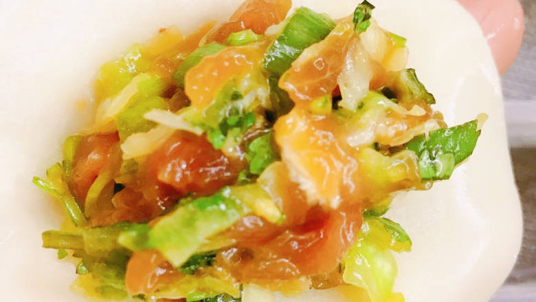 包菜猪肉饺子,将馅料放入饺子皮中间