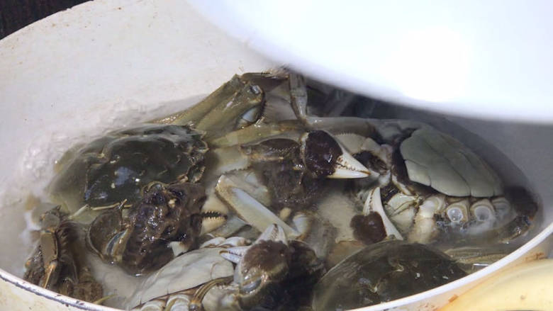 水煮螃蟹,加入螃蟹,盖上锅盖煮沸后再煮3分钟